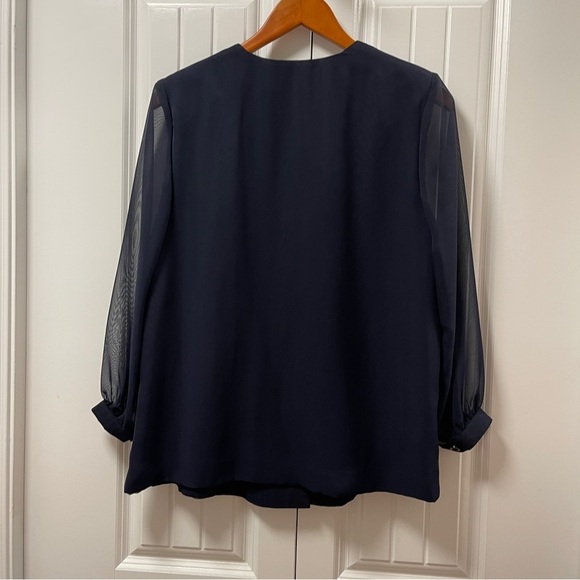 Vintage Button-Up Blouse with Sheer Sleeves Navy - M - Picture 6 of 11